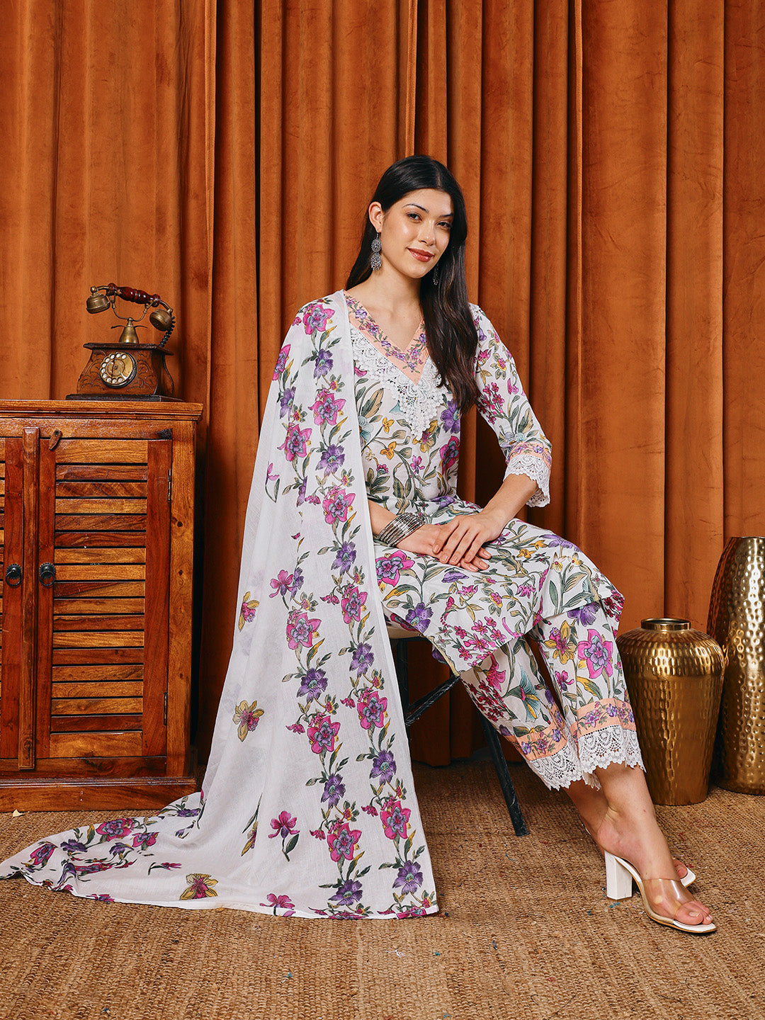 Floral Parinted Cotton Blend Kurta With Pants & Dupatta