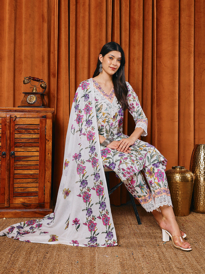 Floral Parinted Cotton Blend Kurta With Pants &amp; Dupatta