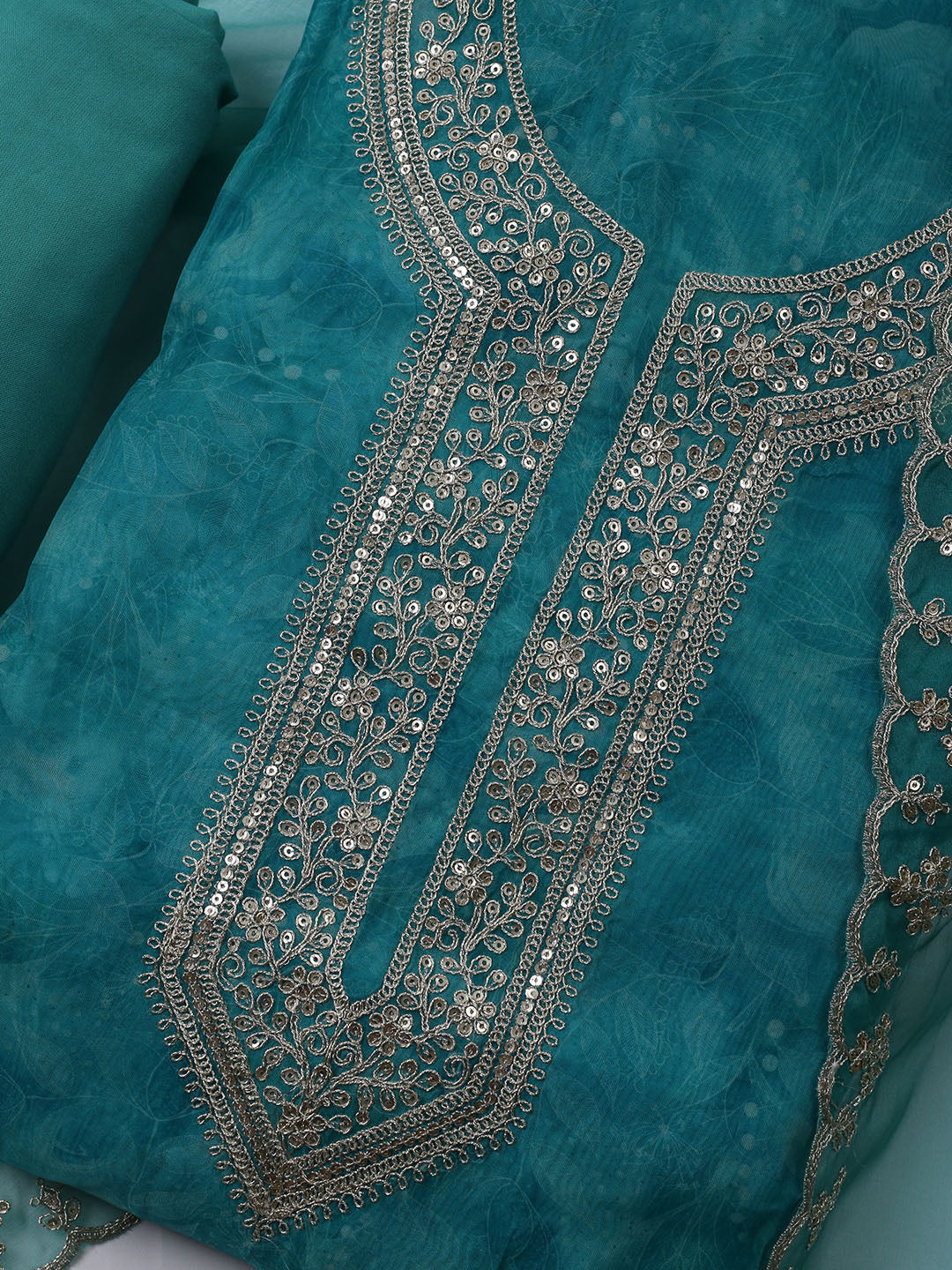 Neck Embroidered Organza Unstitched Suit With Dupatta