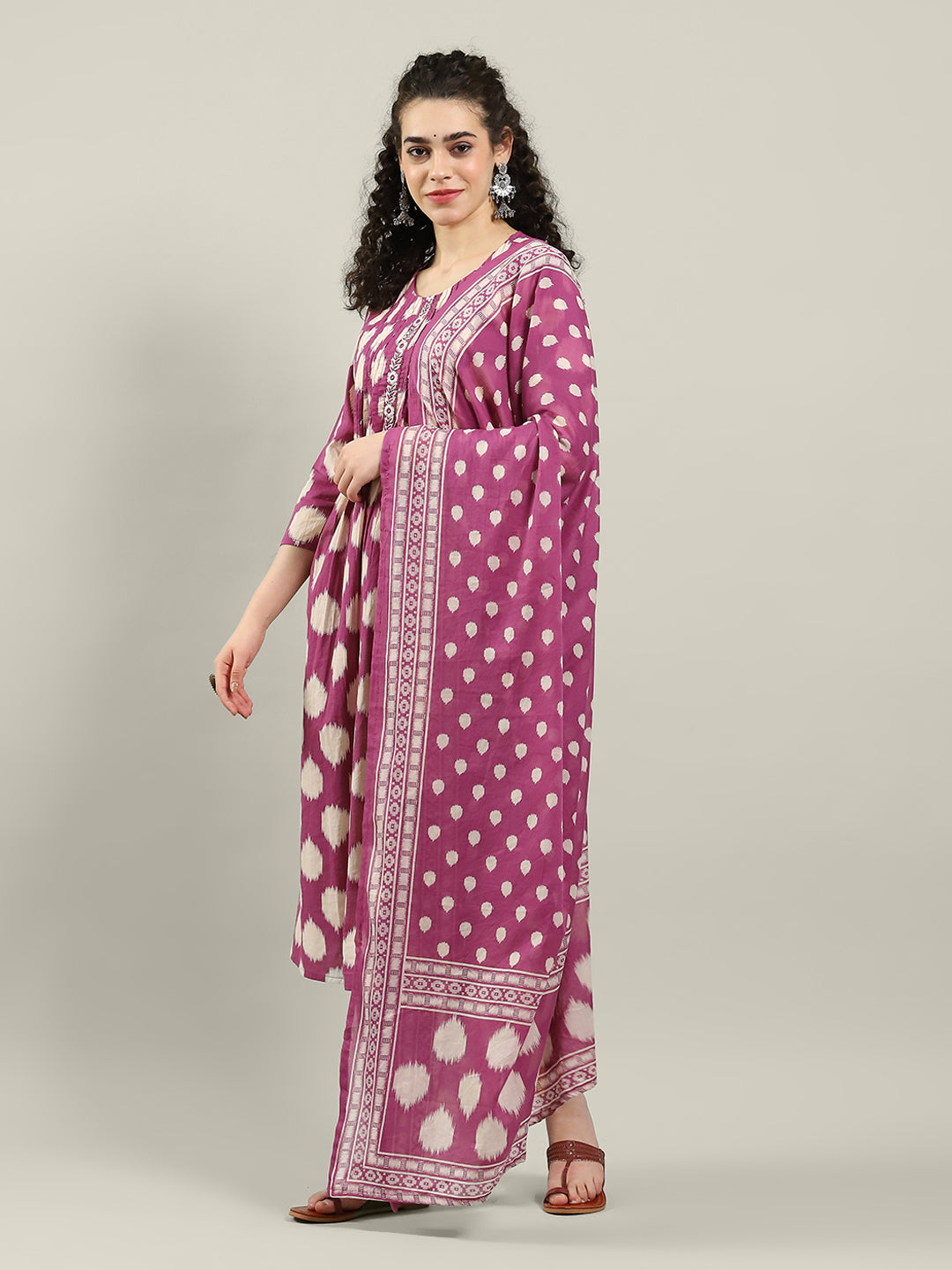Printed Cotton Blend Kurta With Pants & Dupatta