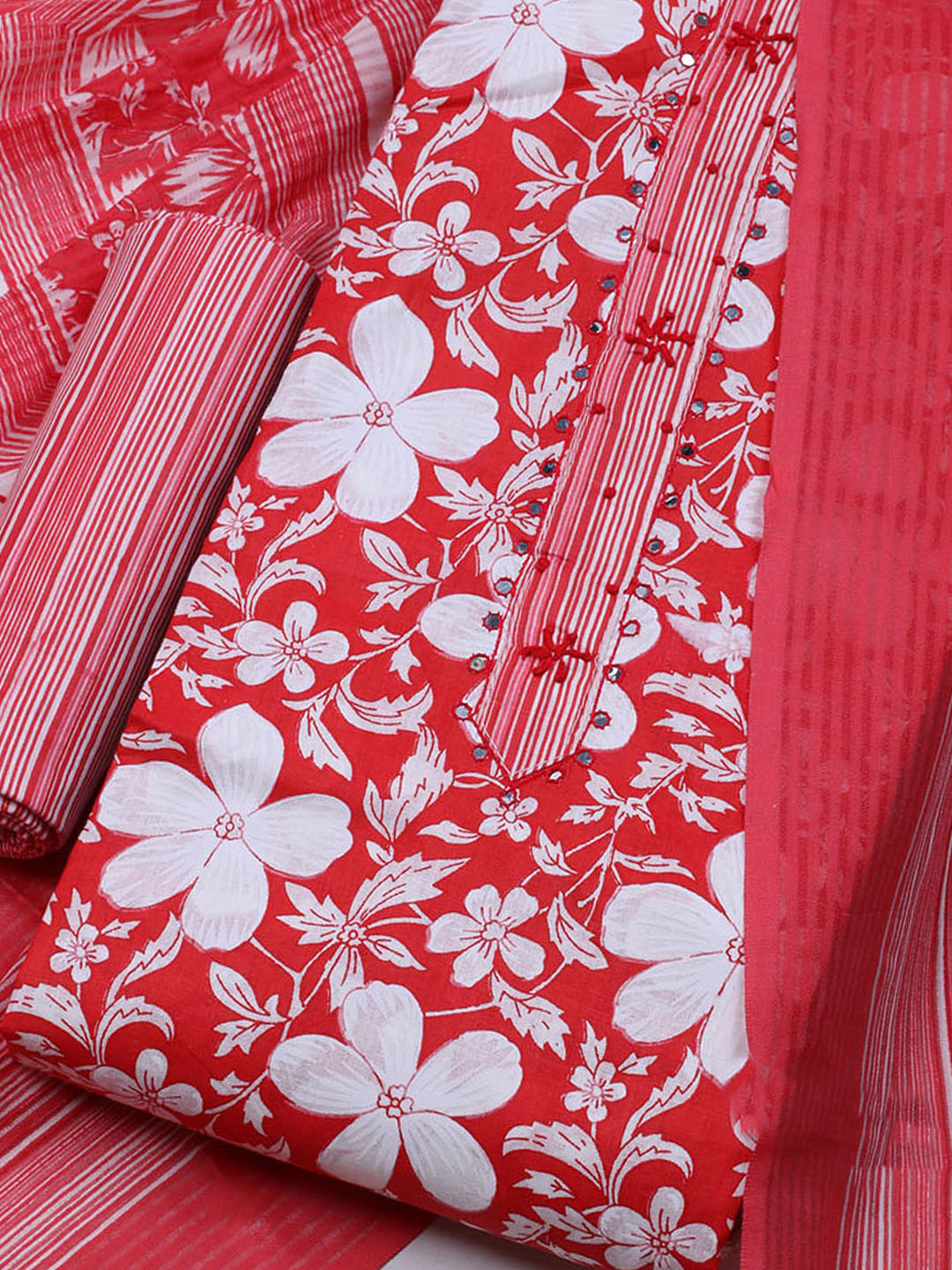 Floral Printed Cotton Blend Unstitched Suit With Dupatta