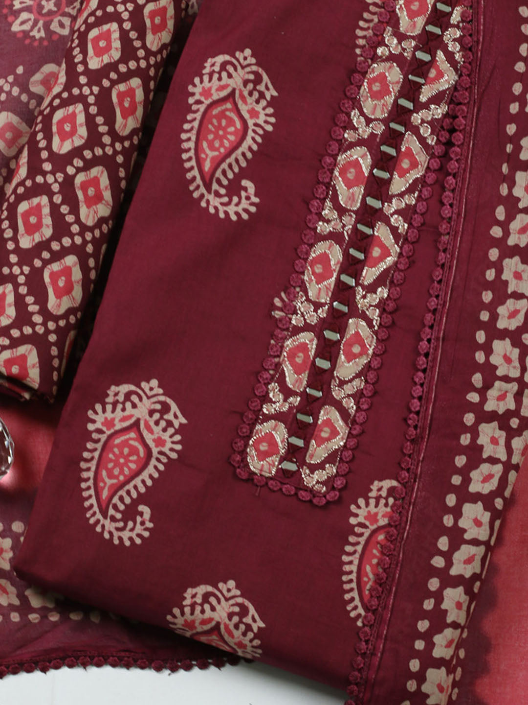 Embroidered Cotton Blend Unstitched Suit With Pant Dupatta