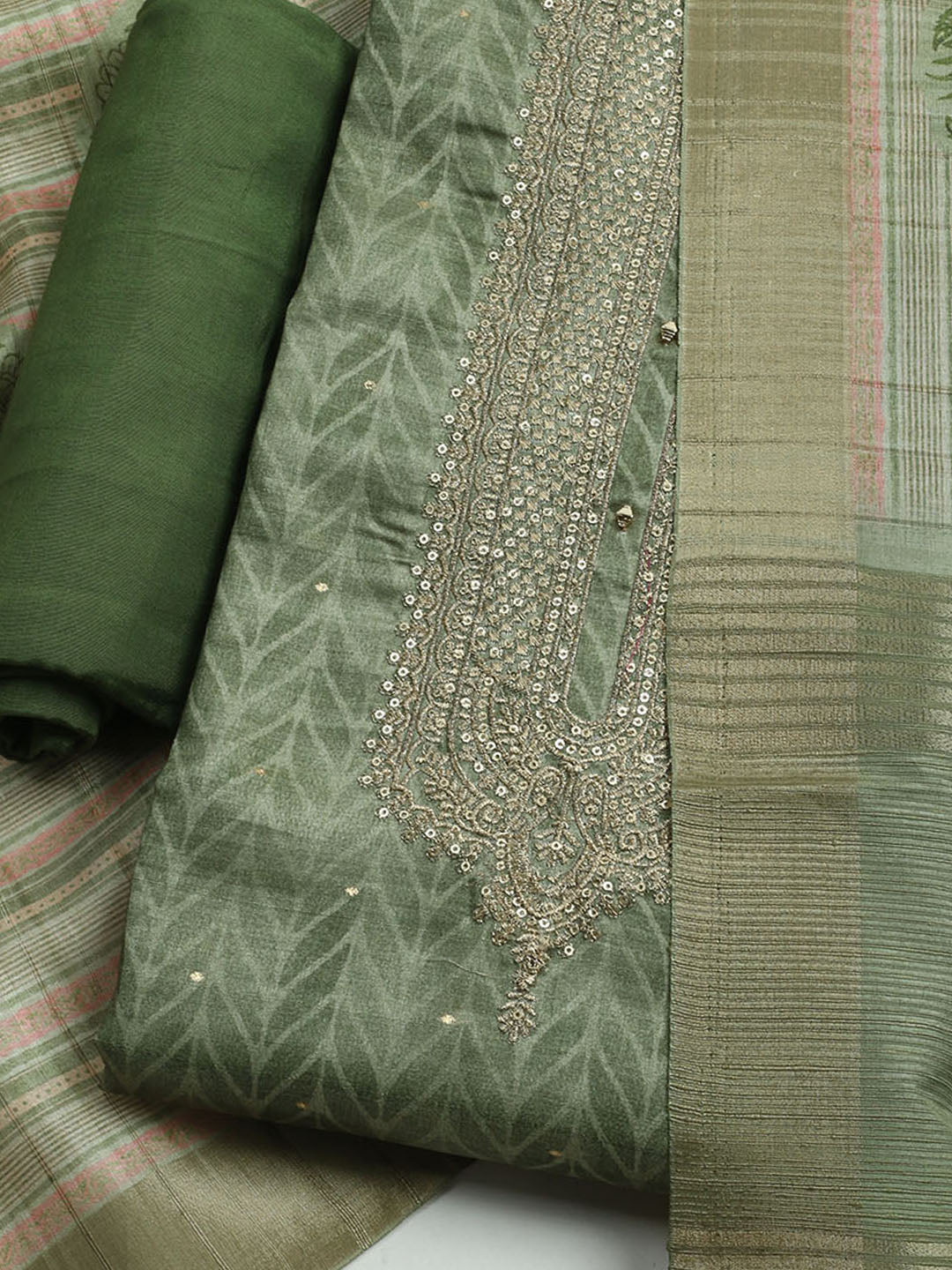 Embroidered Tussar Unstitched Kurta With Pant & Dupatta