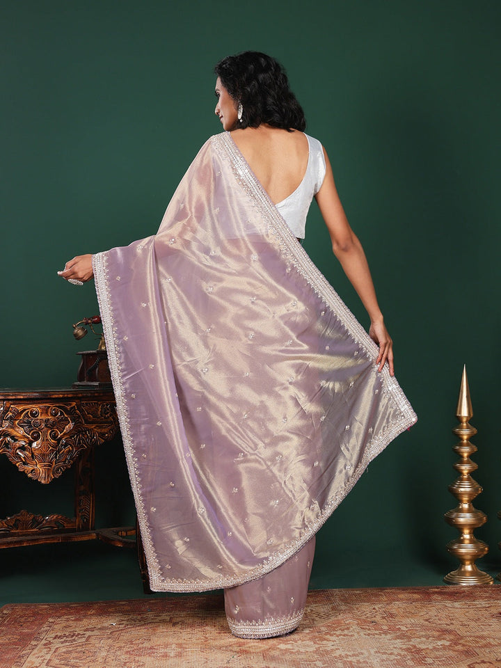 Stone &amp; Sequin Embroidered Tissue Saree