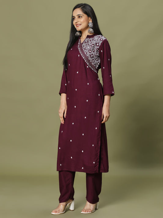 Resham Embroidery Cotton Blend Kurti With Pants