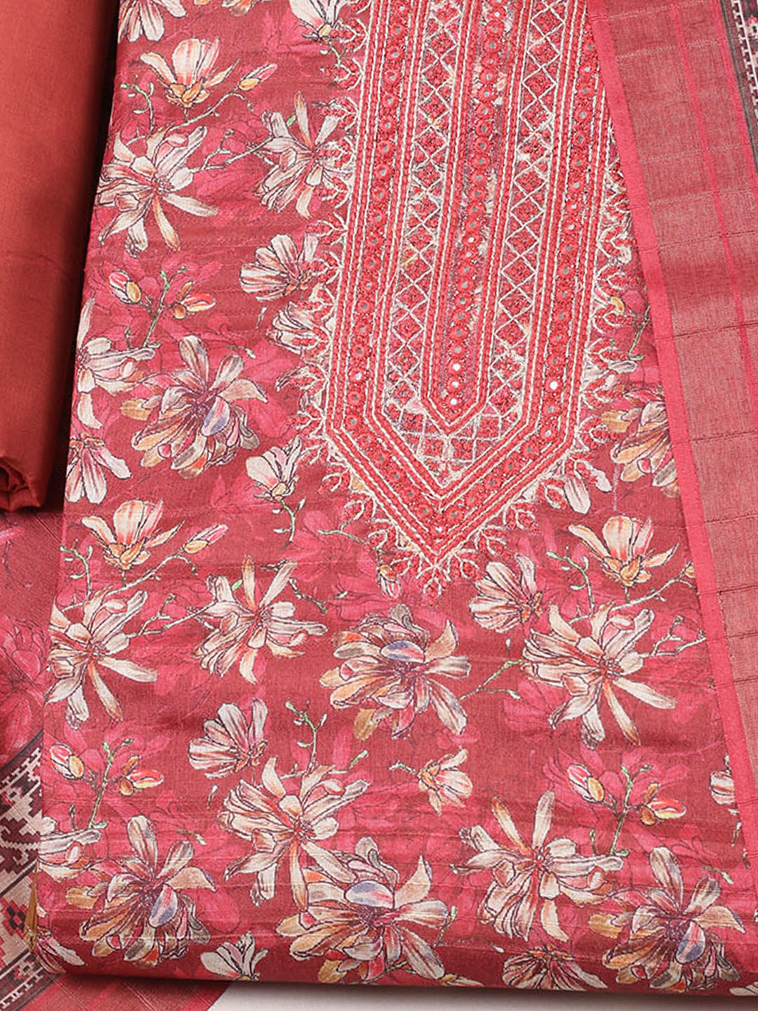 Embroidered Tussar Unstitched Suit With Pant Dupatta
