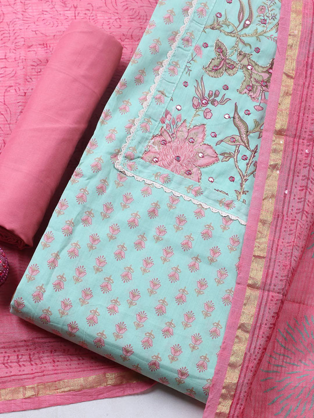 Printed Cotton Blend Unstitched Suit With Pant &amp; Dupatta