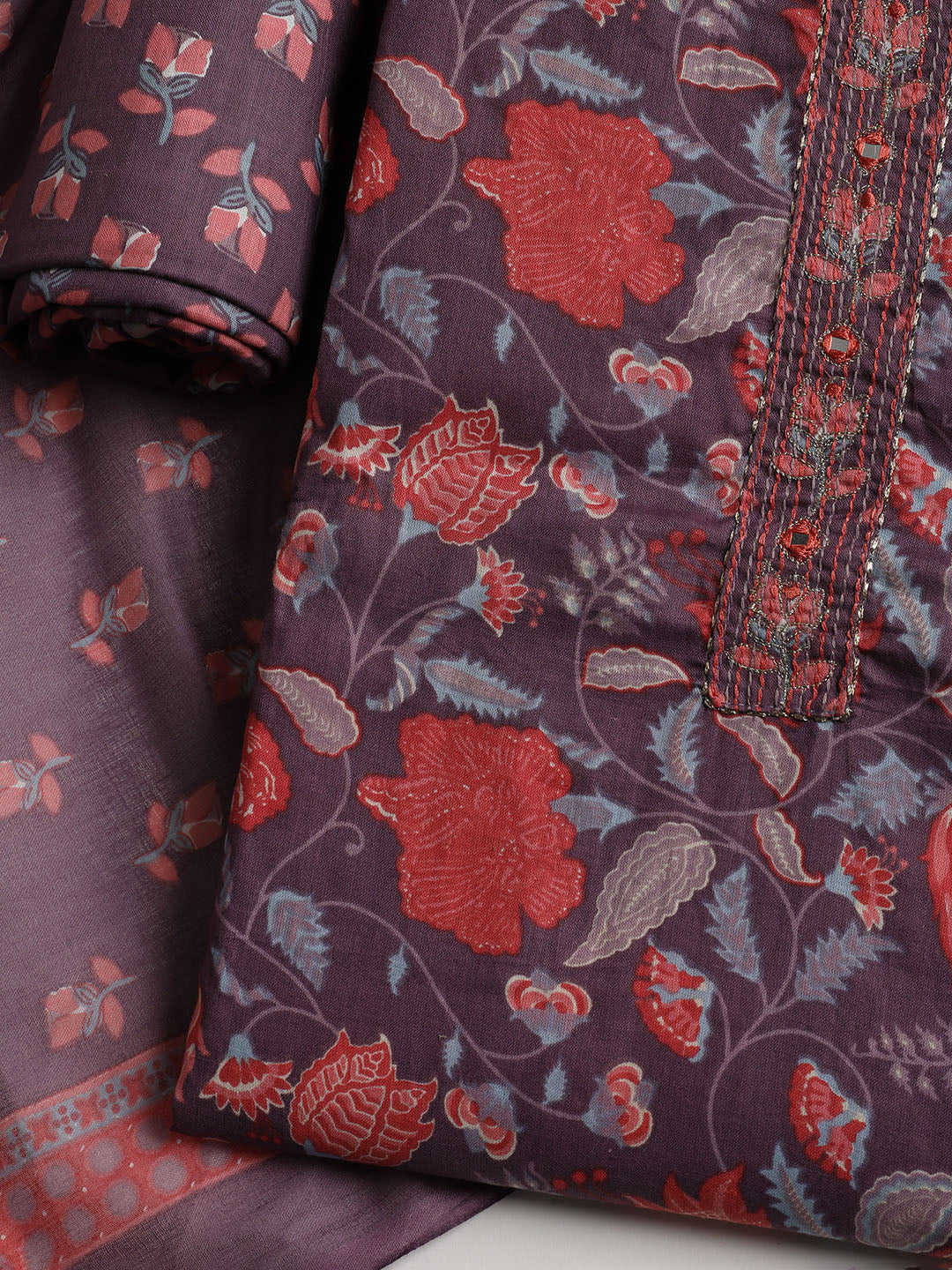 Printed Cotton Blend Unstitched Suit With Dupatta