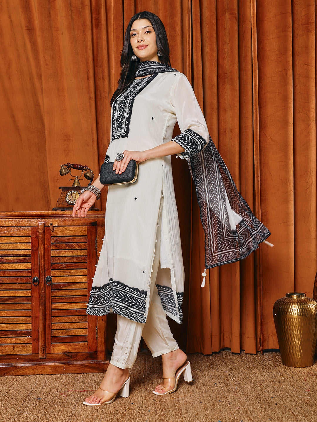 Embroidered Crepe Kurta With Pants &amp; Dupatta