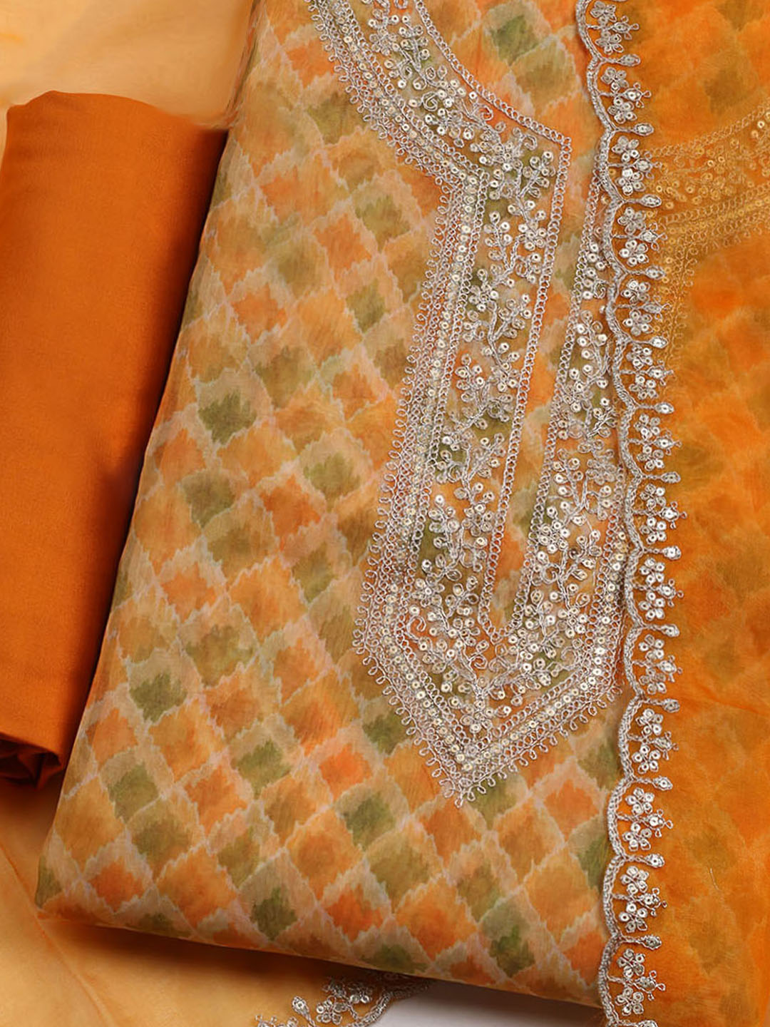 Neck Embroidered &amp; Printed Organza Unstitched Suit With Dupatta