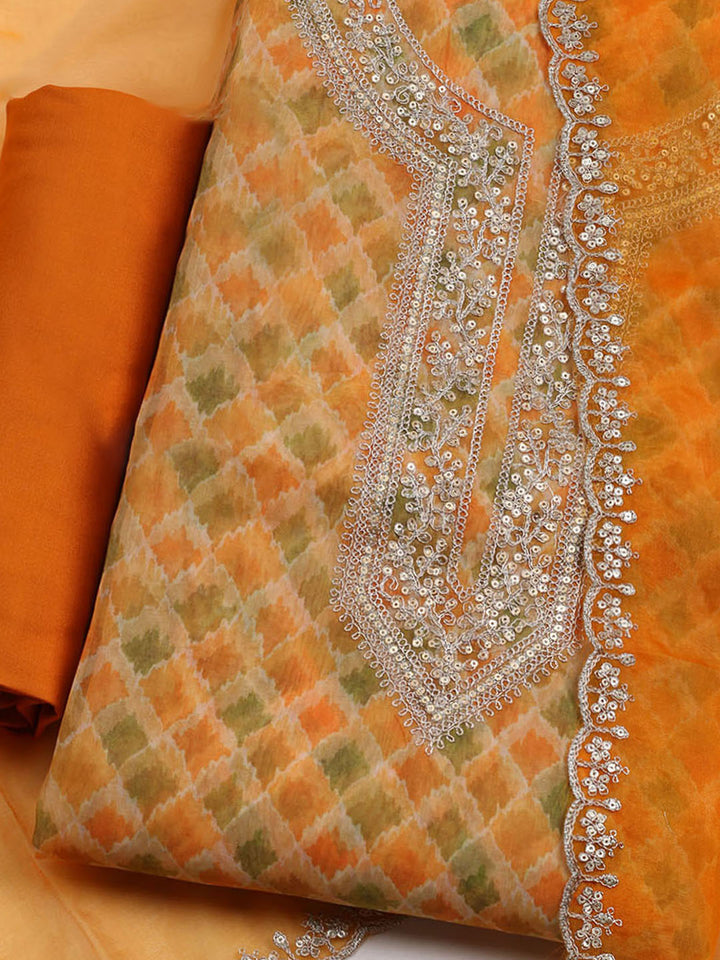 Neck Embroidered &amp; Printed Organza Unstitched Suit With Dupatta