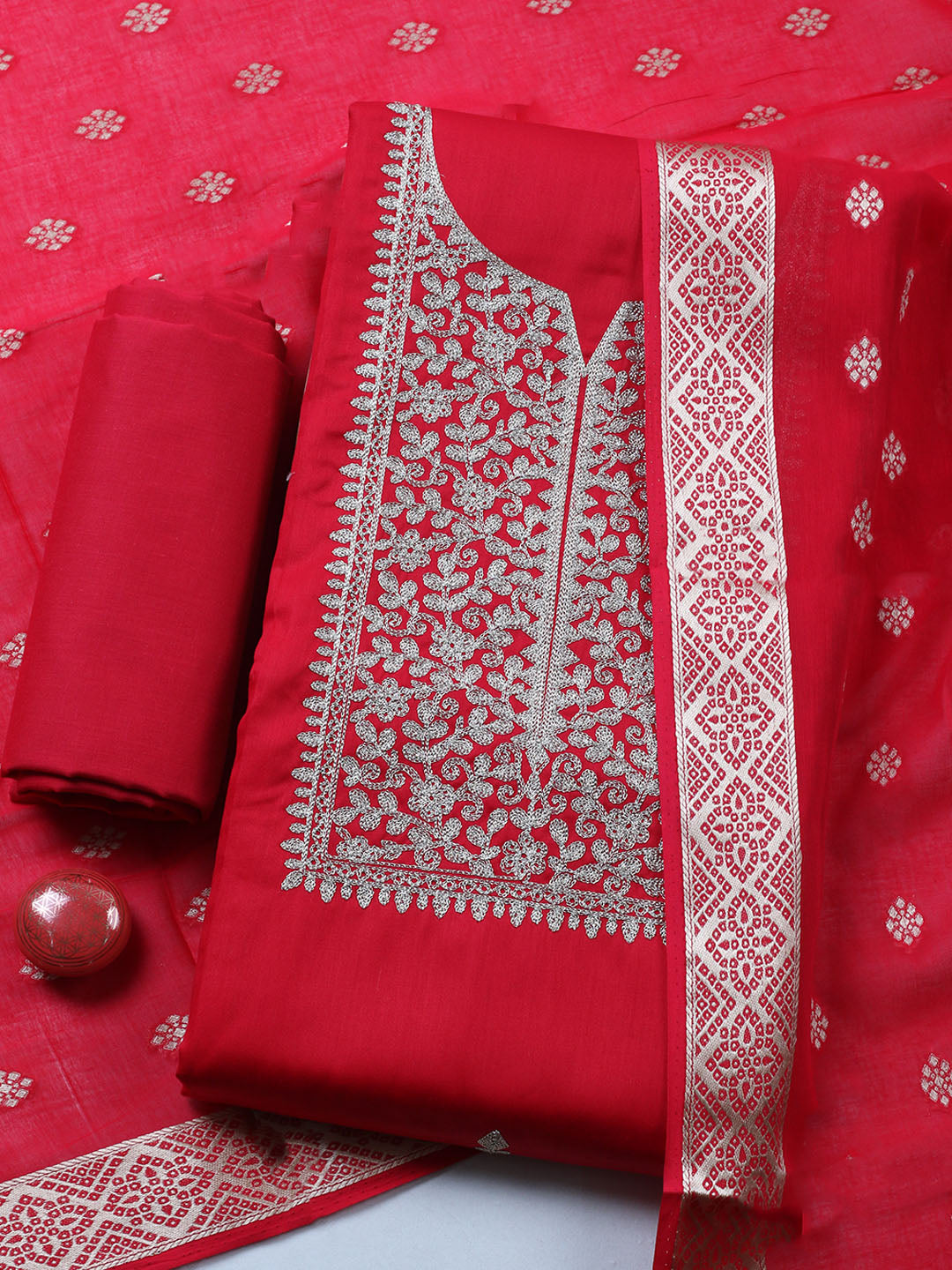 Neck Embroidered Chanderi Unstitched Suit With Dupatta