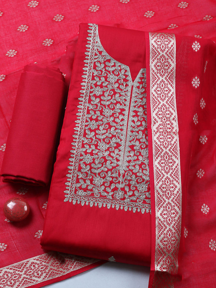 Neck Embroidered Chanderi Unstitched Suit With Dupatta