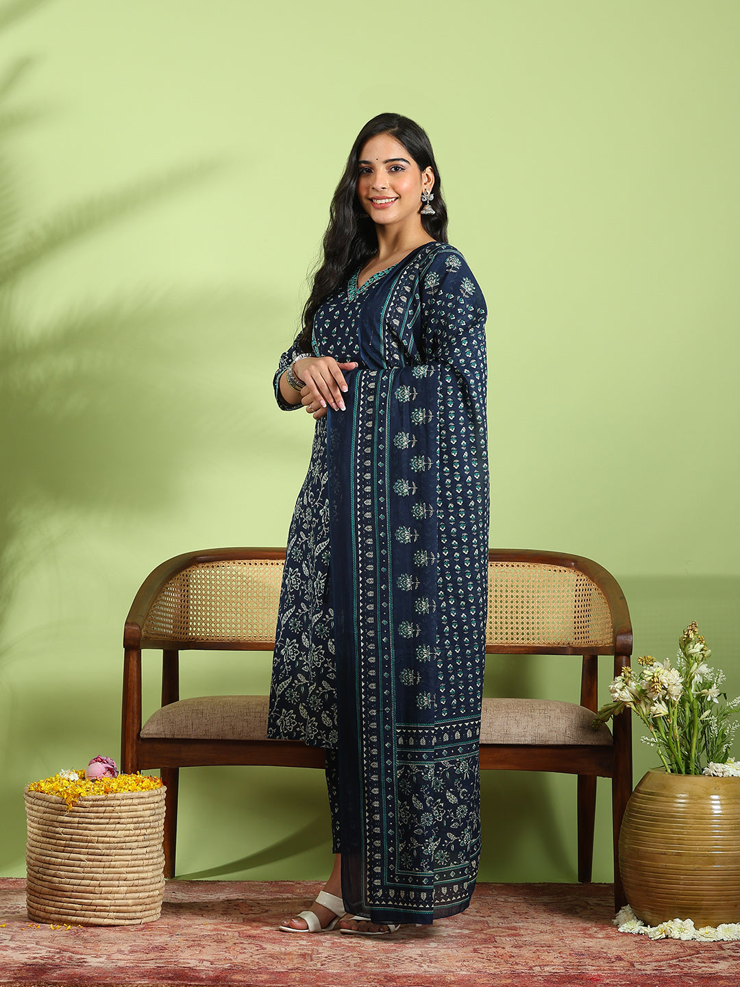 Printed Cotton Kurta With Pant &amp; Dupatta