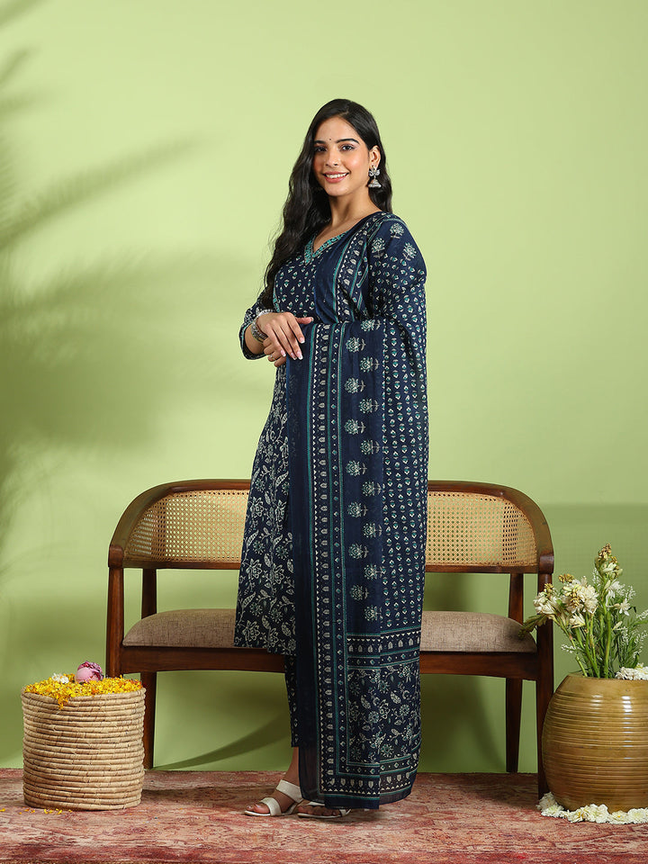 Printed Cotton Kurta With Pant &amp; Dupatta