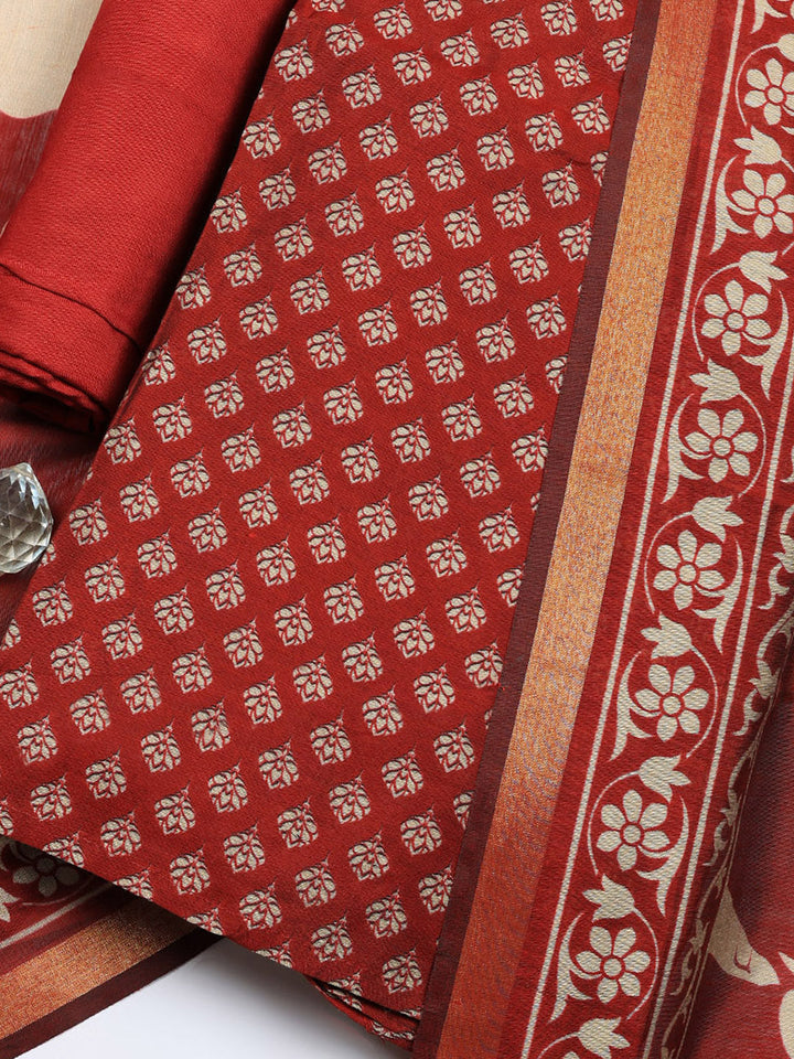 Printed Chanderi Unstitched Suit With Pant &amp; Dupatta