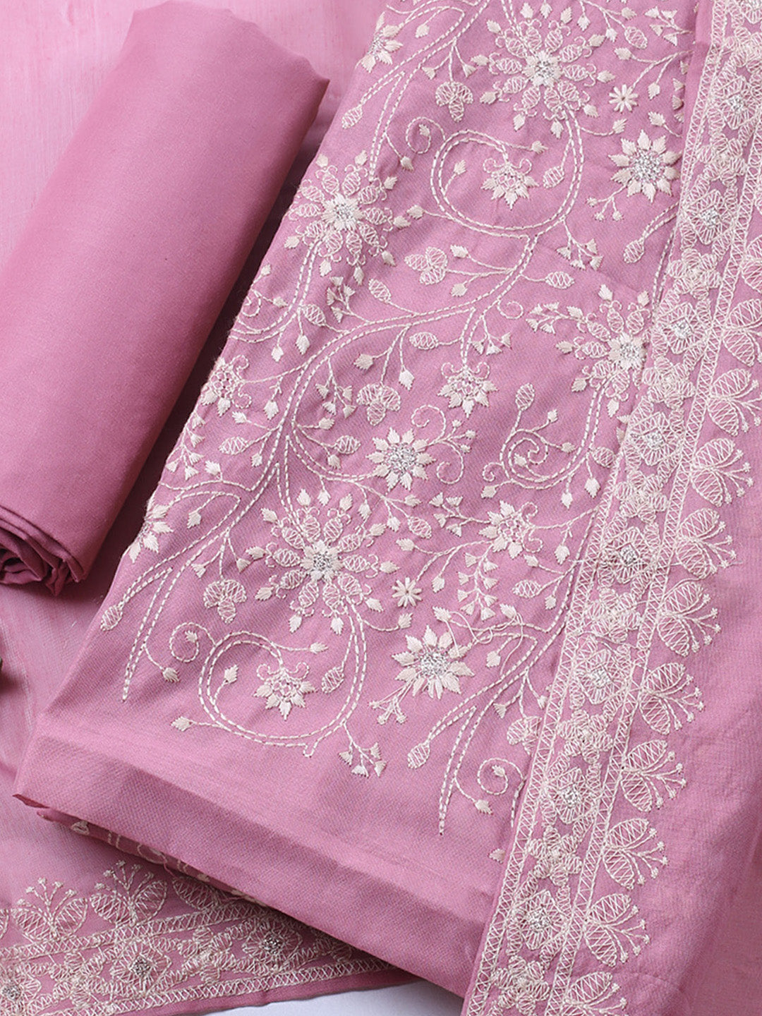 Embroidered Chanderi Unstitched Suit With Pant &amp; Dupatta