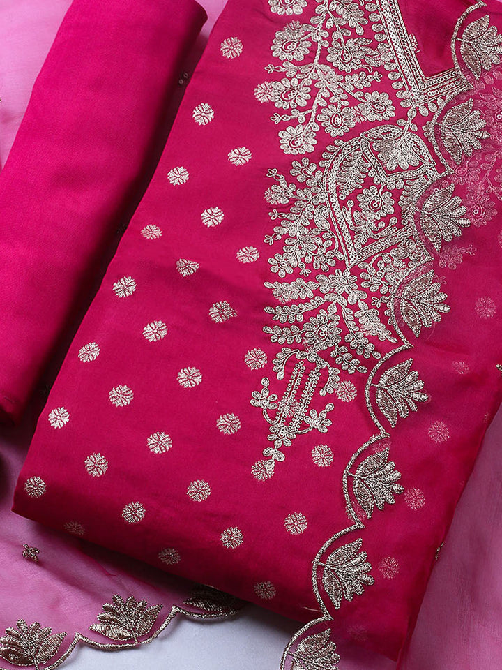 Embroidered Chanderi Unstitched Suit With Pant &amp; Dupatta