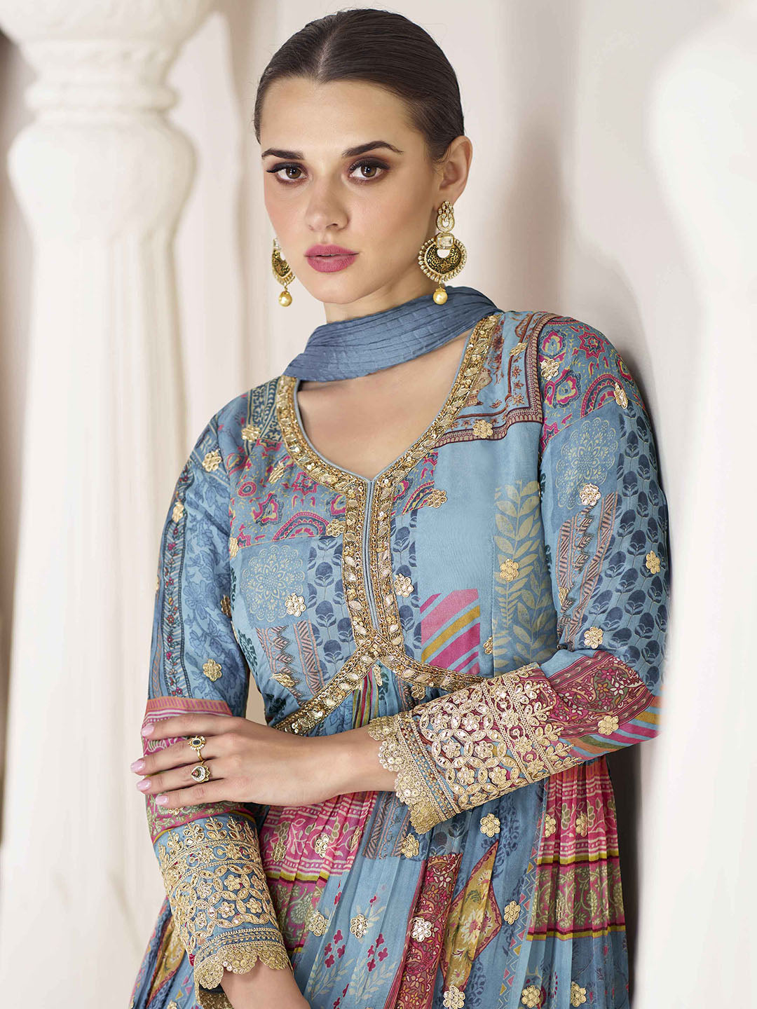 Embroidered Organza Suit With Pant &amp; Dupatta