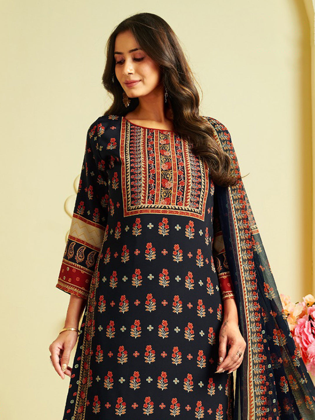 Printed Crepe Unstitched Suit With Pant &amp; Dupatta