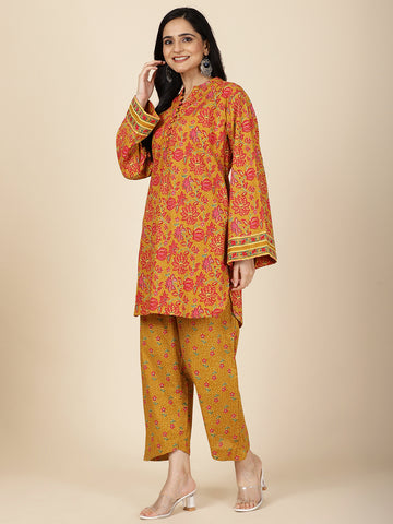 Floral Printed Cotton Kurti With Pants