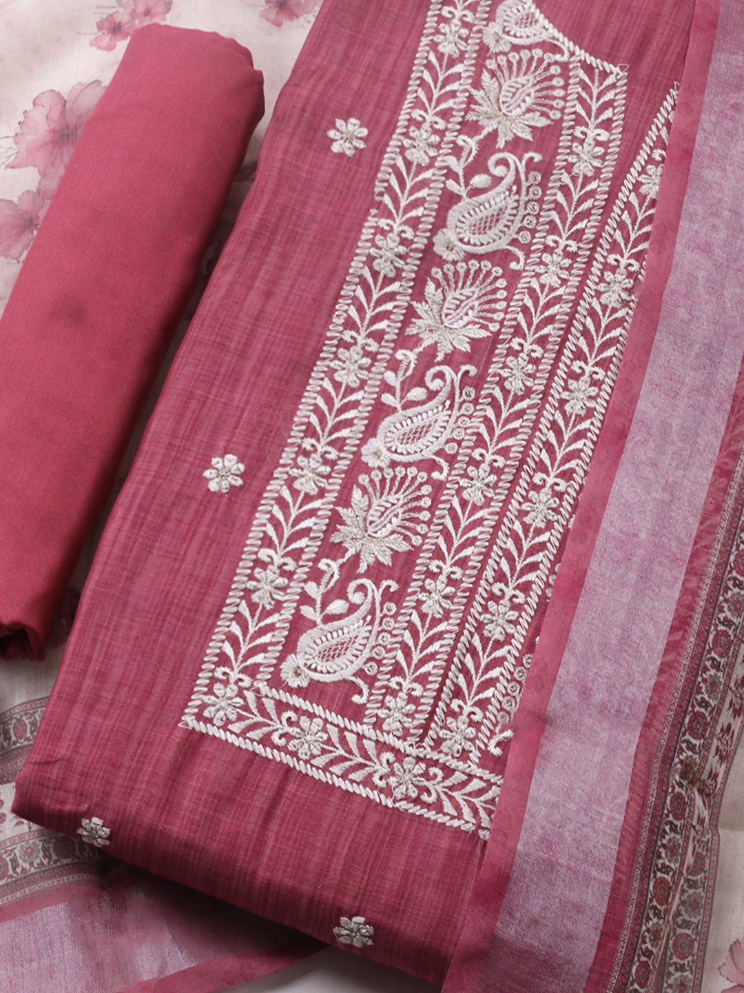Embroidered Linen Blend Unstitched Suit With Pant &amp; Dupatta