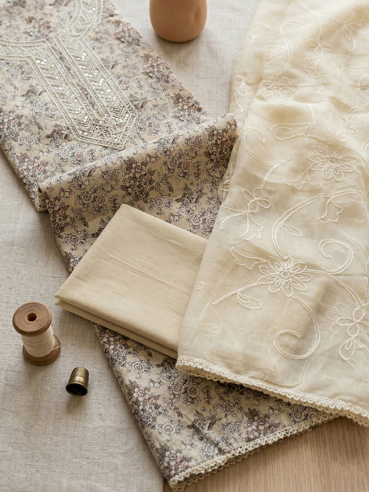 Embroidered Cotton Blend Unstitched Suit With Pant &amp; Dupatta