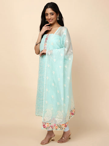 Neck Patti Cotton Blend Unstitched Suit With Dupatta