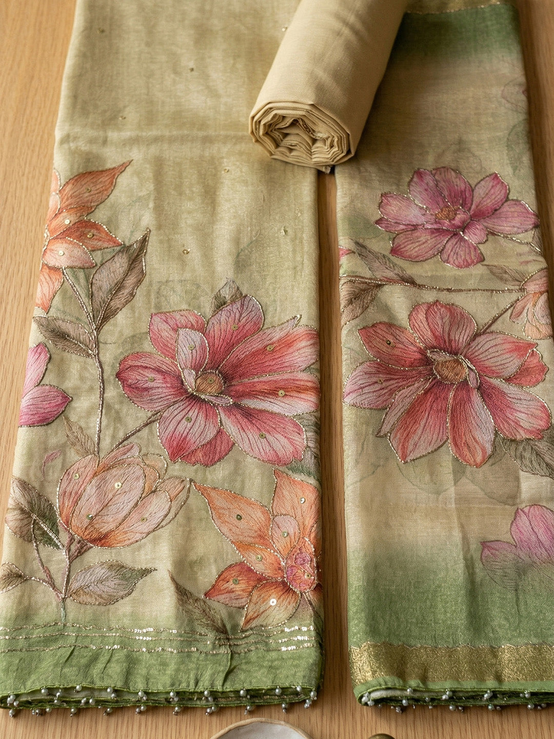 Embroidered Linen Blend Unstitched Suit With Pant &amp; Dupatta