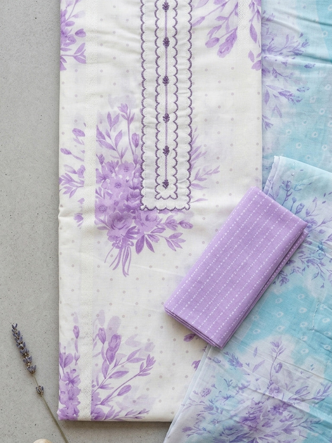 Printed Cotton Blend Unstitched Suit With Pant &amp; Dupatta