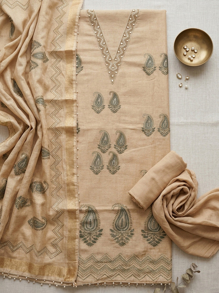 Embroidered Linen Blend Unstitched Suit With Pant &amp; Dupatta