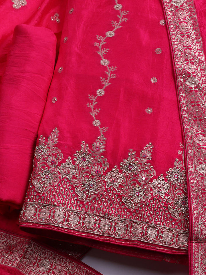 Embroidered Art Silk Unstitched Suit With Dupatta