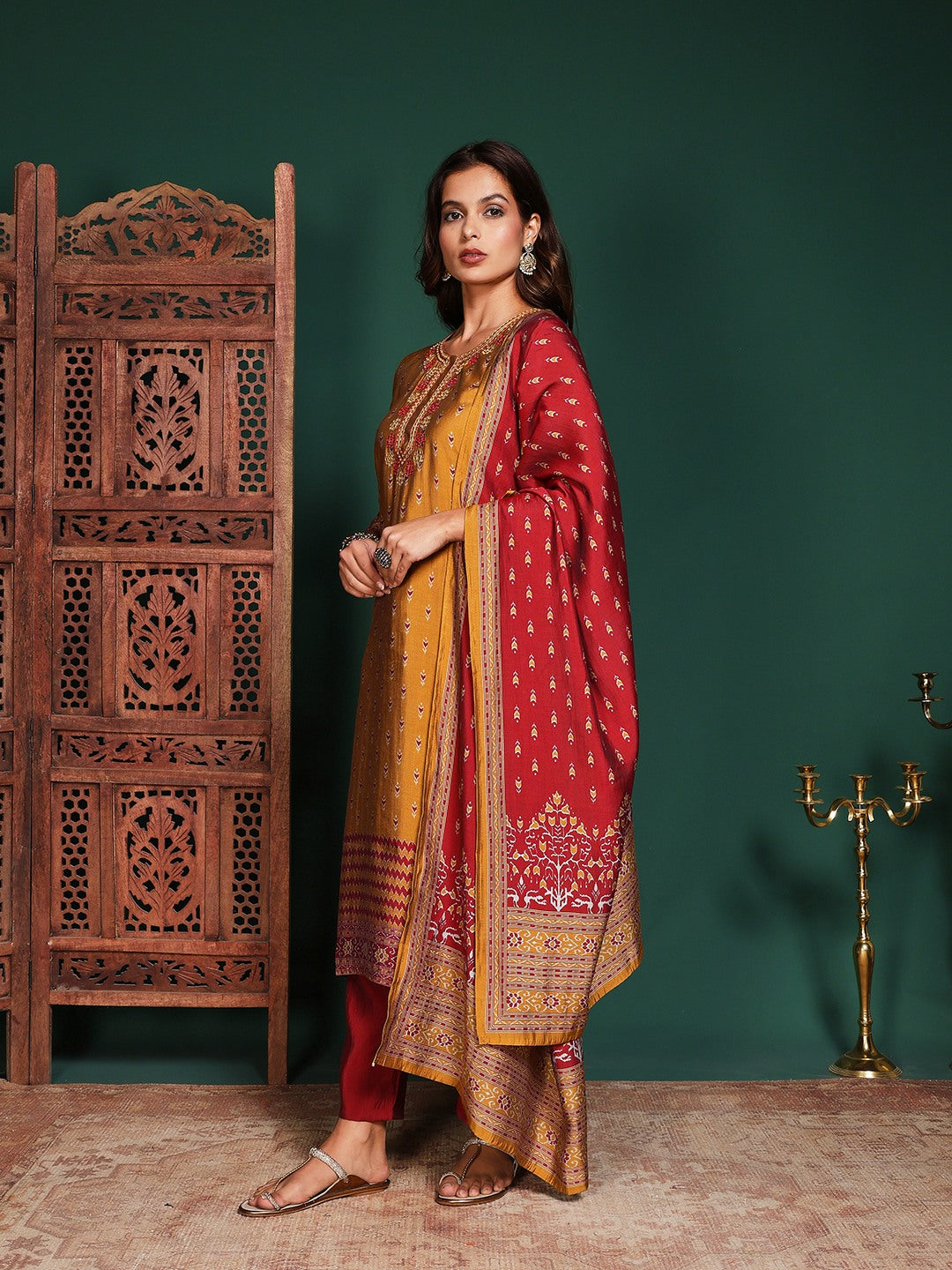 Floral Printed Art Silk Kurta With Pant &amp; Dupatta