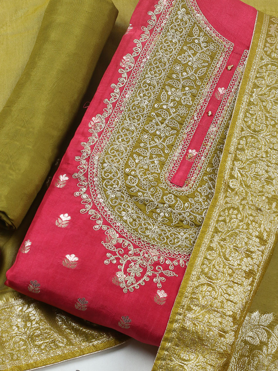 Embroidered Chanderi Unstitched Suit With Pant &amp; Dupatta