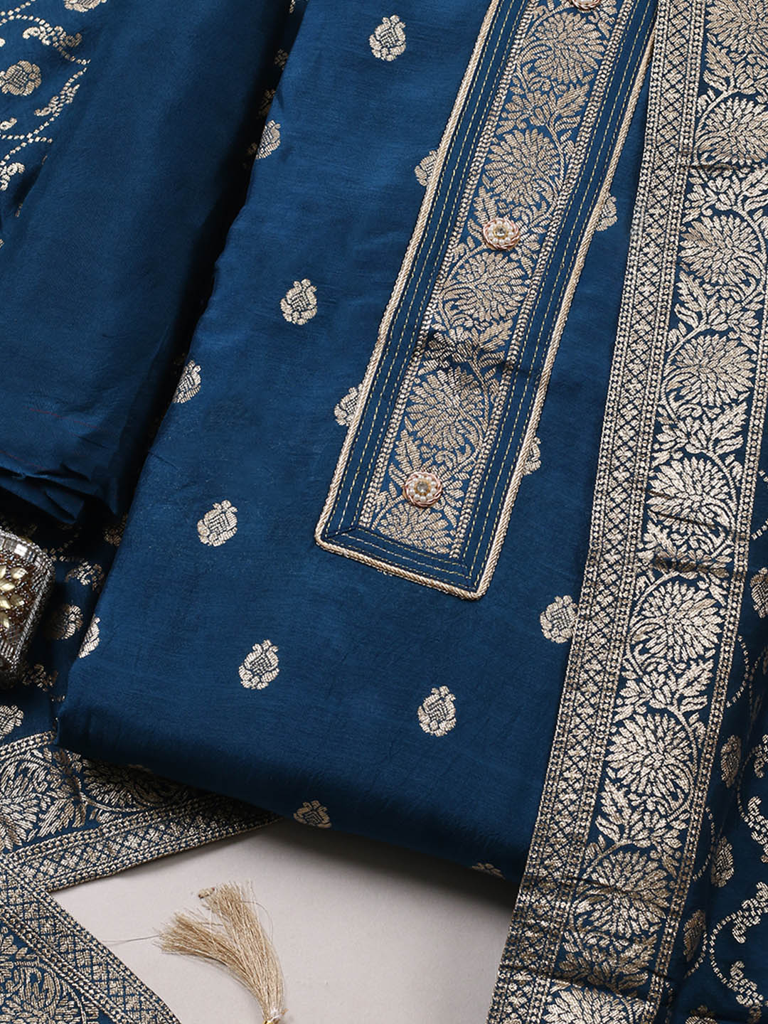 Embroidered Chanderi Unstitched Suit With Pant &amp; Dupatta