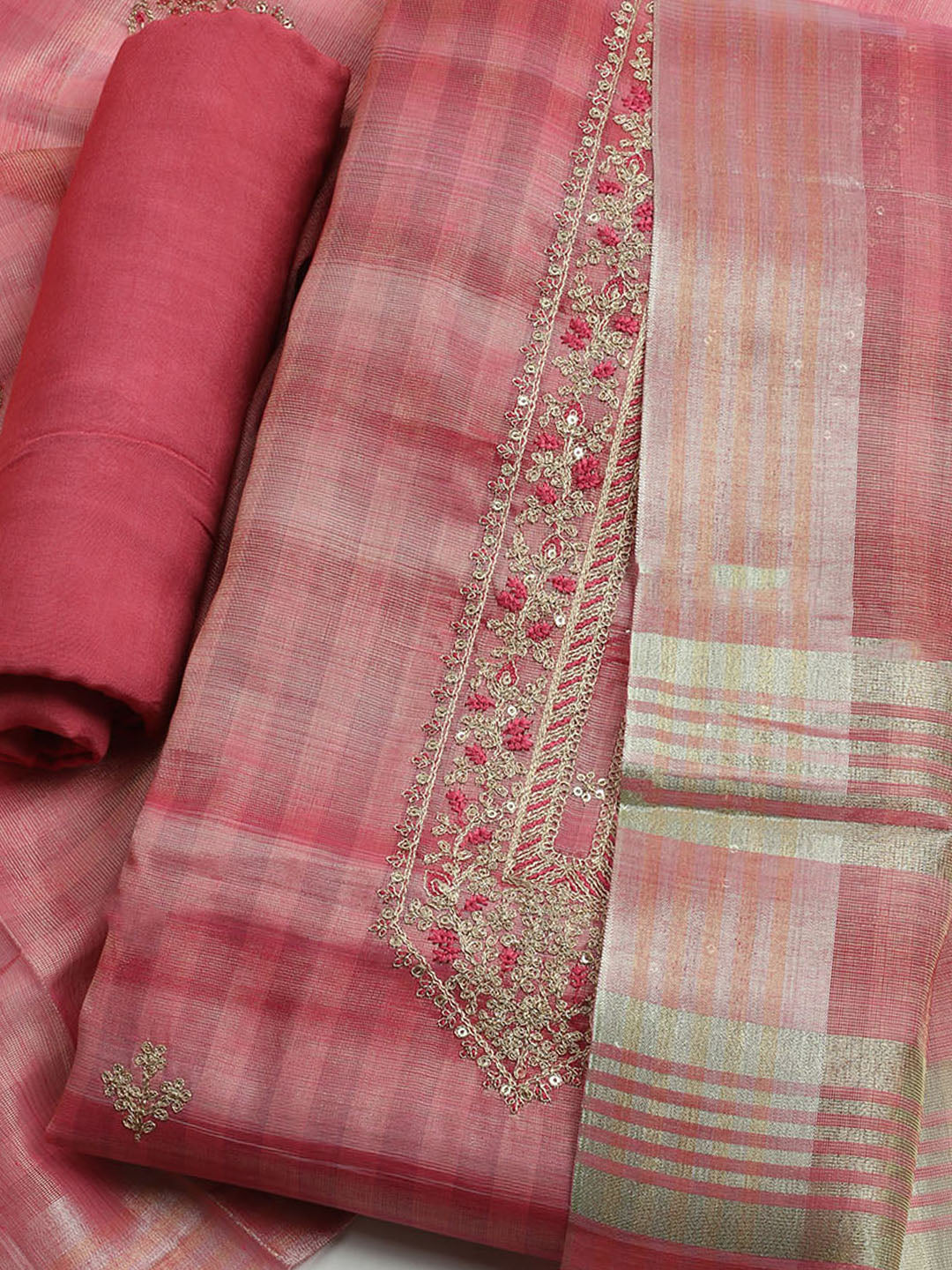 Embroidered Tissue Unstitched Kurta With Pant & Dupatta