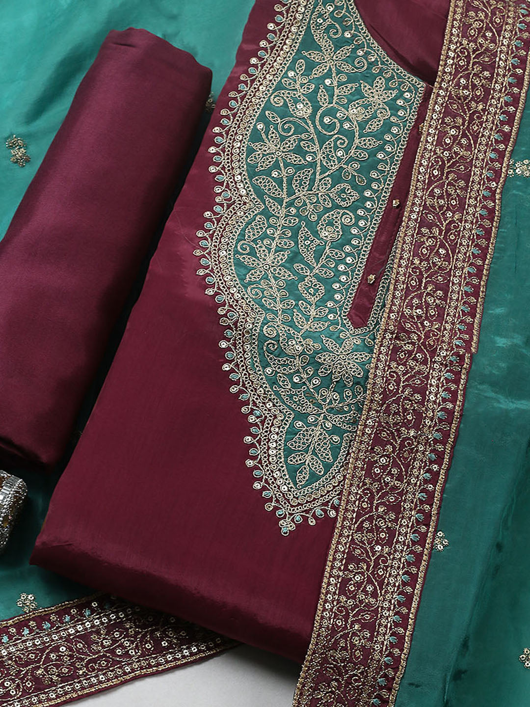 Embroidered Chanderi Unstitched Suit With Pant &amp; Dupatta
