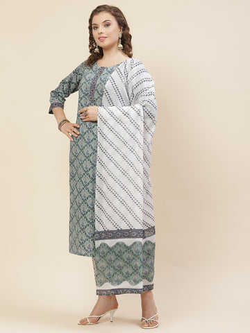 Straight-fit Cotton Suit Set with Dupatta