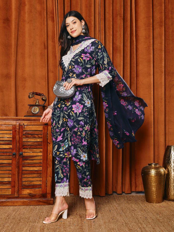 Floral Parinted Cotton Blend Kurta With Pants &amp; Dupatta