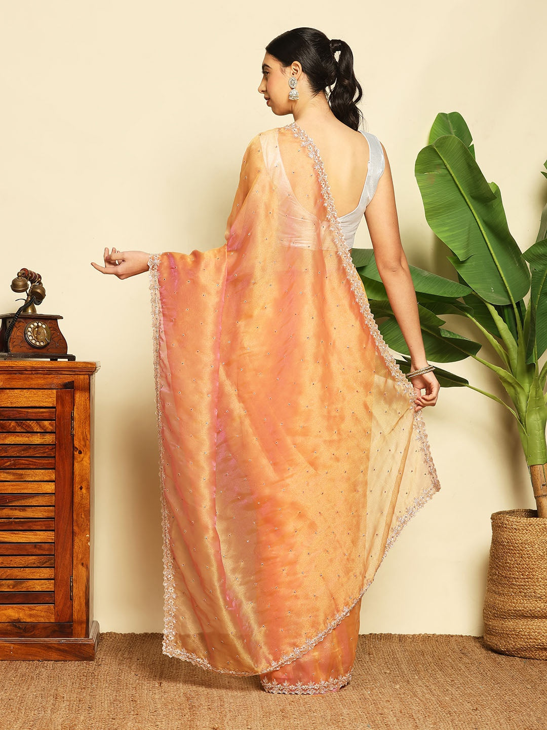 Cut Work &amp; Stone Embellished Tissue Saree