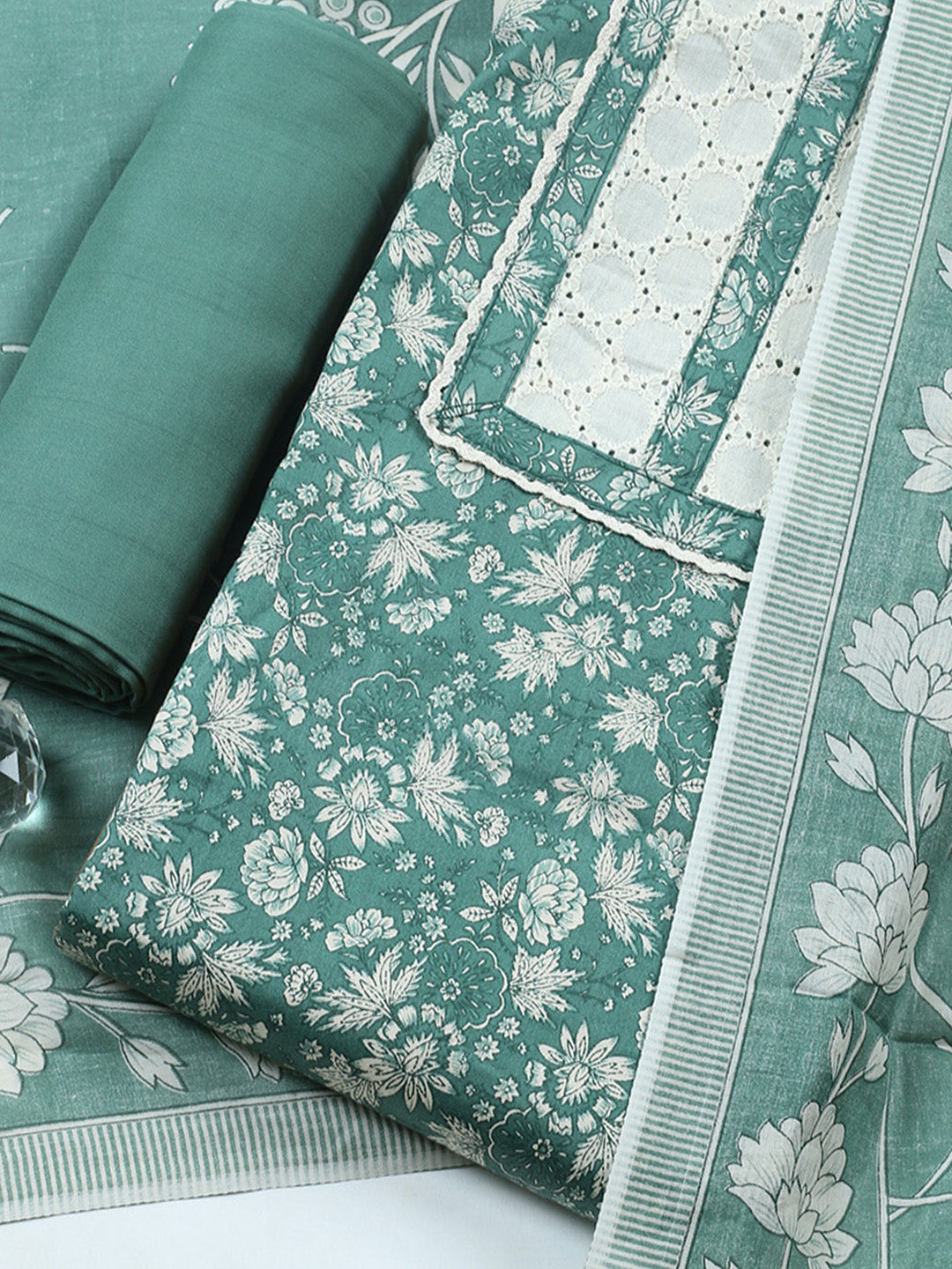 Printed Cotton Blend Unstitched Suit With Pant &amp; Dupatta