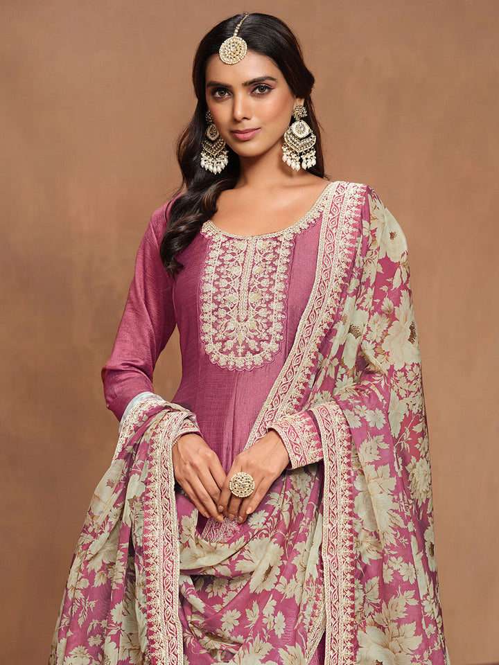 Embroidered Art Silk Semi Stitched Gown With Dupatta