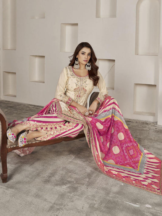 Embroidered Sequin Chinon Kurta With Dhoti And Dupatta