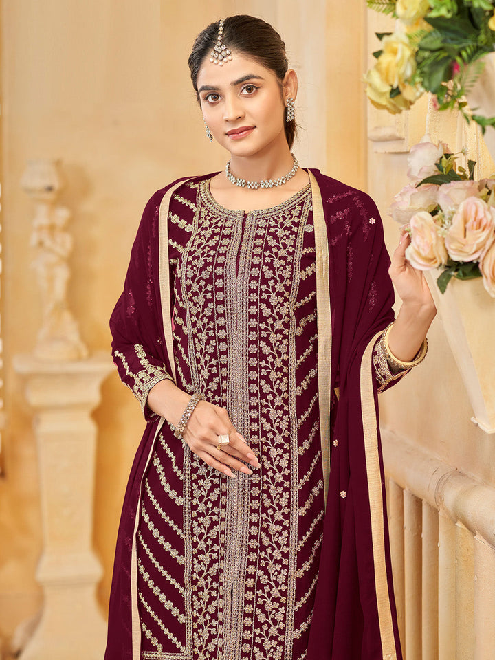 Embroidered Georgette Kurta With Sharara &amp; Dupatta