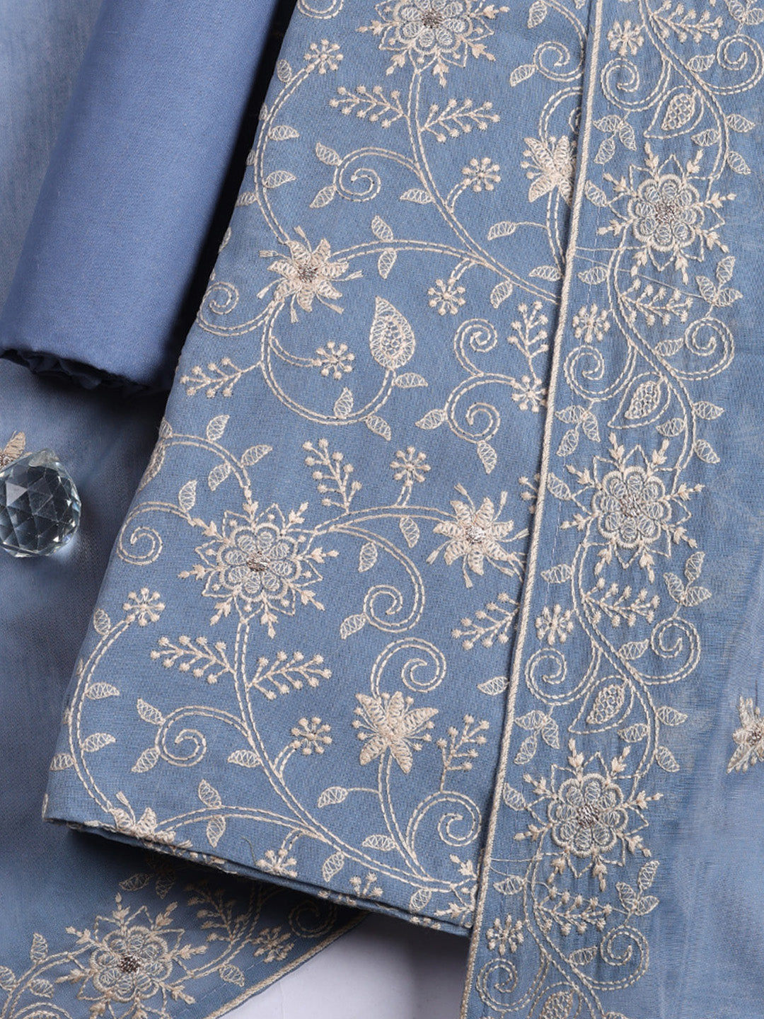 Embroidered Cotton Blend Unstitched Suit With Pant &amp; Dupatta