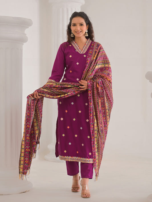 Neck Embroidery Cotton Blend Kurta With Pants & Dupatta