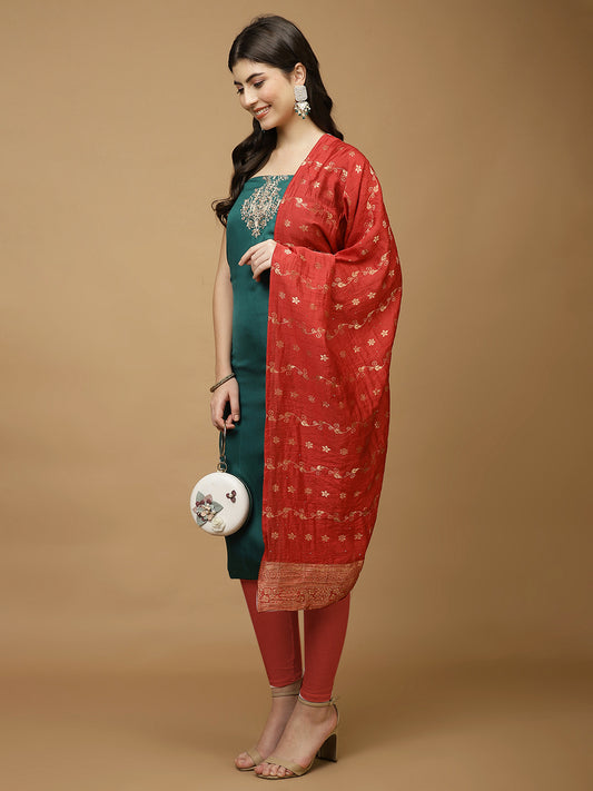 Neck Embroidery Chanderi Unstitched Suit Piece With Dupatta