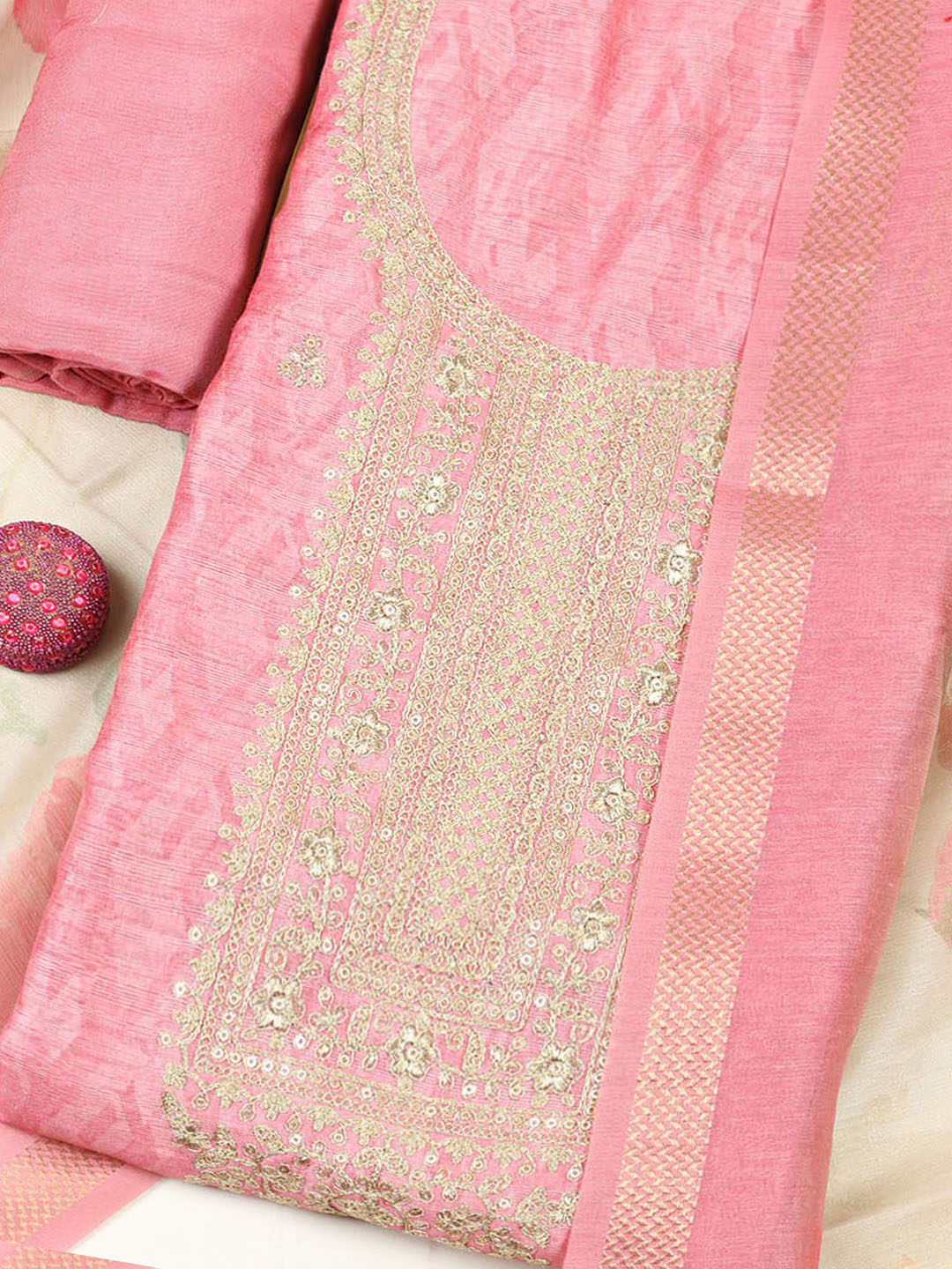 Embroidered Chanderi Unstitched Suit With Pant &amp; Dupatta