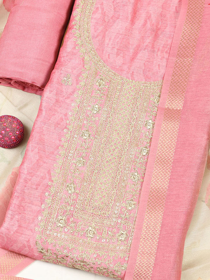 Embroidered Chanderi Unstitched Suit With Pant &amp; Dupatta