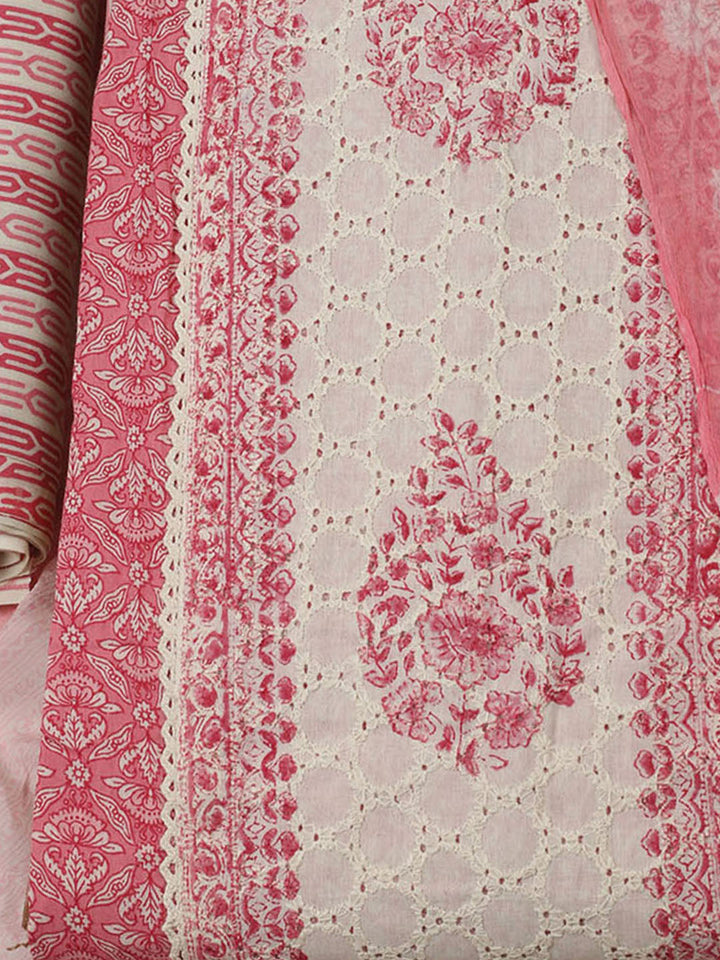 Embroidered Cotton Unstitched Suit With Pant Dupatta